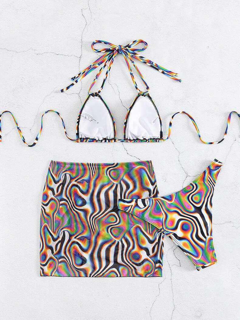 Dongdumaoyi Sexy Colorful Striped Bikini Set Women New Halter Push Up Pleate Skirt Piece Swimsuit Bathing Suit High Waist Swimwear
