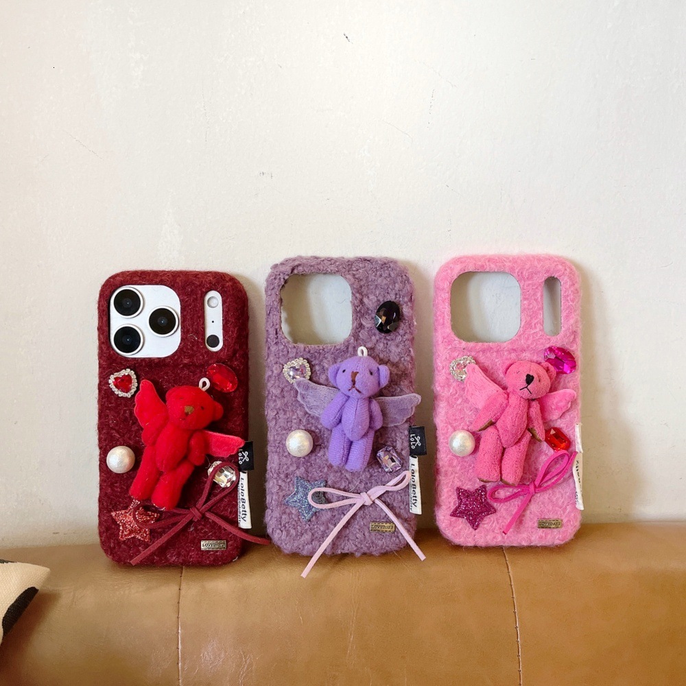 Rhinestone Plush Bear Cartoon Phone Case Compatible with iPhone 17/16 Pro Solid Color Lanyard Case iPhone 15 Niche 14