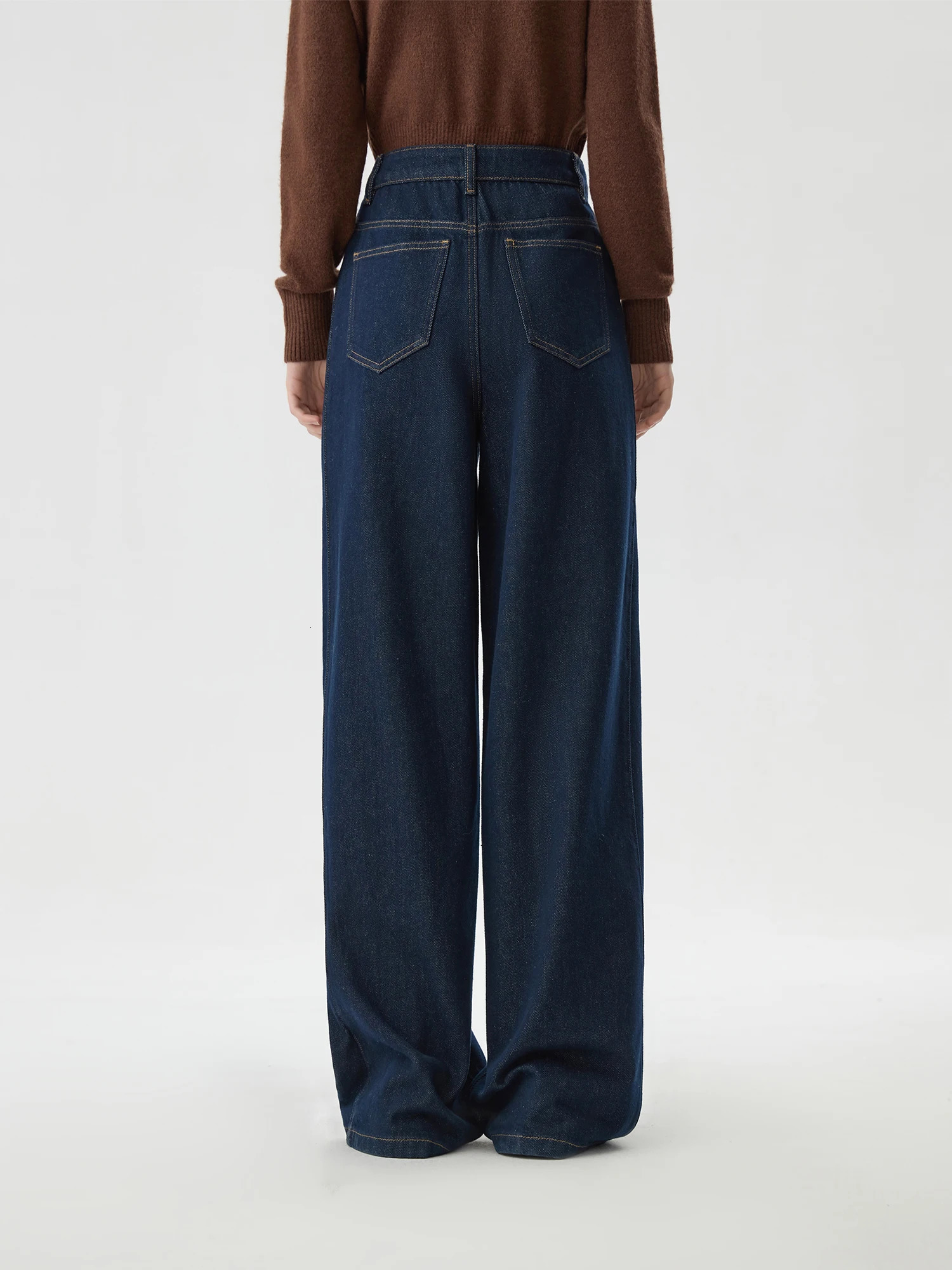 FSLE Womens Winter Jeans High Waist Thick Cotton Wide Legs Trouser Dark Denim Loose Blue Full Length 24FS14299 250407