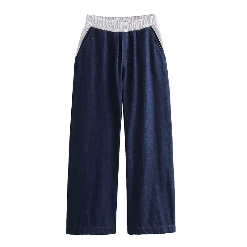 Willshela Womens Fashion Denim Patch Work Wrinkle Wide Leg Pants Retro High Elasticity Waist Full Length Trouser 250407
