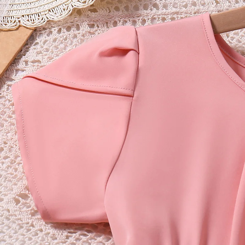 Summer Girl Dress Cute Style Solid Pink Frill Short Sleeve Lace Princess Dresses Fashion Sweet Baby Girl 8-12 Age Dress 250408
