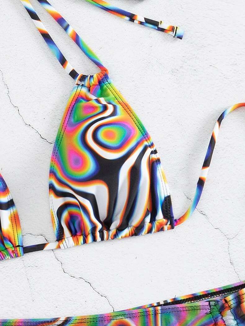 Dongdumaoyi Sexy Colorful Striped Bikini Set Women New Halter Push Up Pleate Skirt Piece Swimsuit Bathing Suit High Waist Swimwear