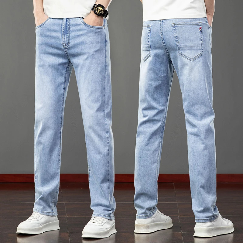 Summer ultrathin mens slim fit jeans blue gray elastic straight light business casual denim pants classic style 250401
