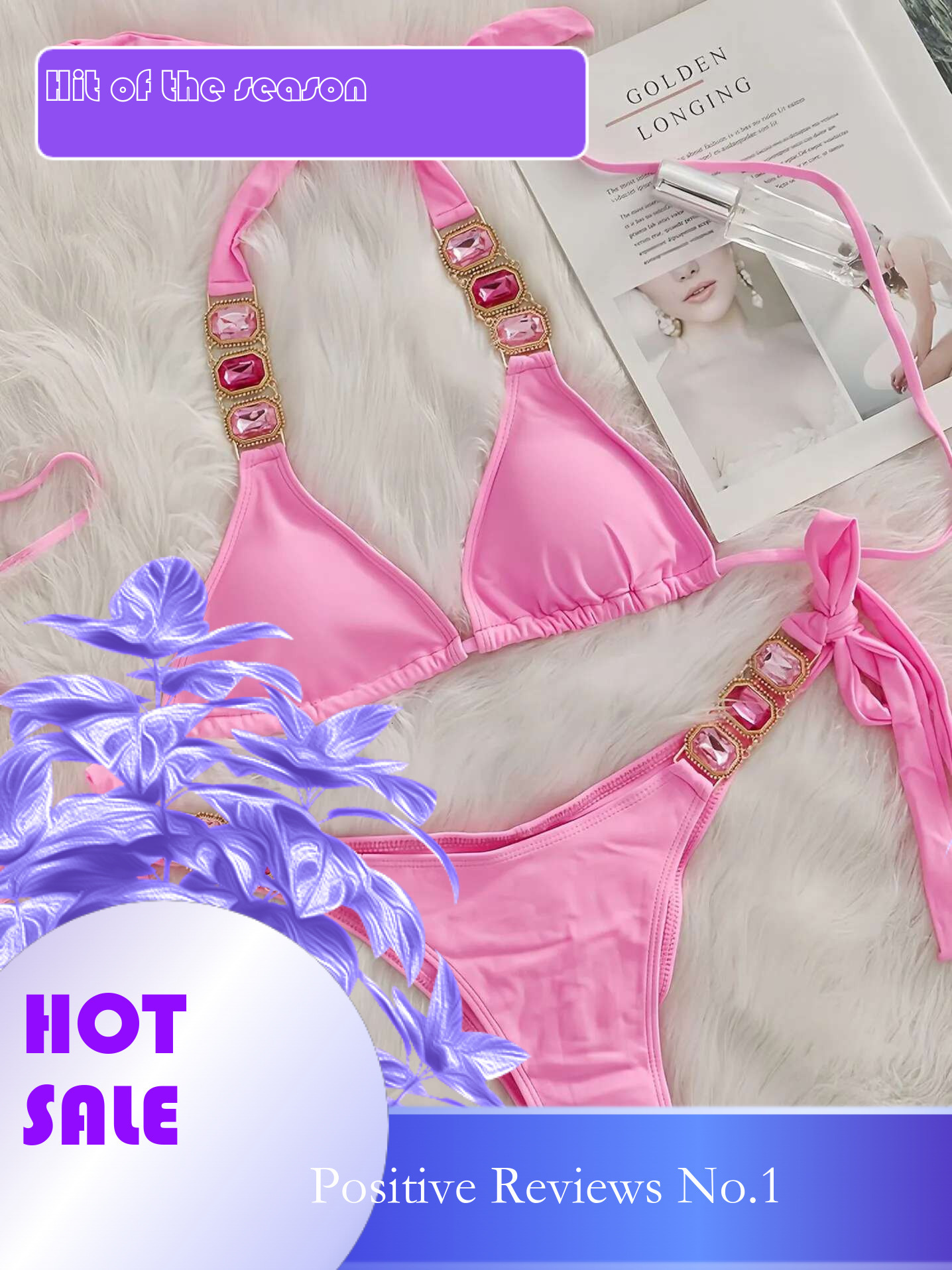 Dongdumaoyi Sexy Rhinestone Bikini Set Women Luxury Pink Crystal Diamond Push Up Bandage Thong Swimsuit Beach Bathing Suit Swimwear