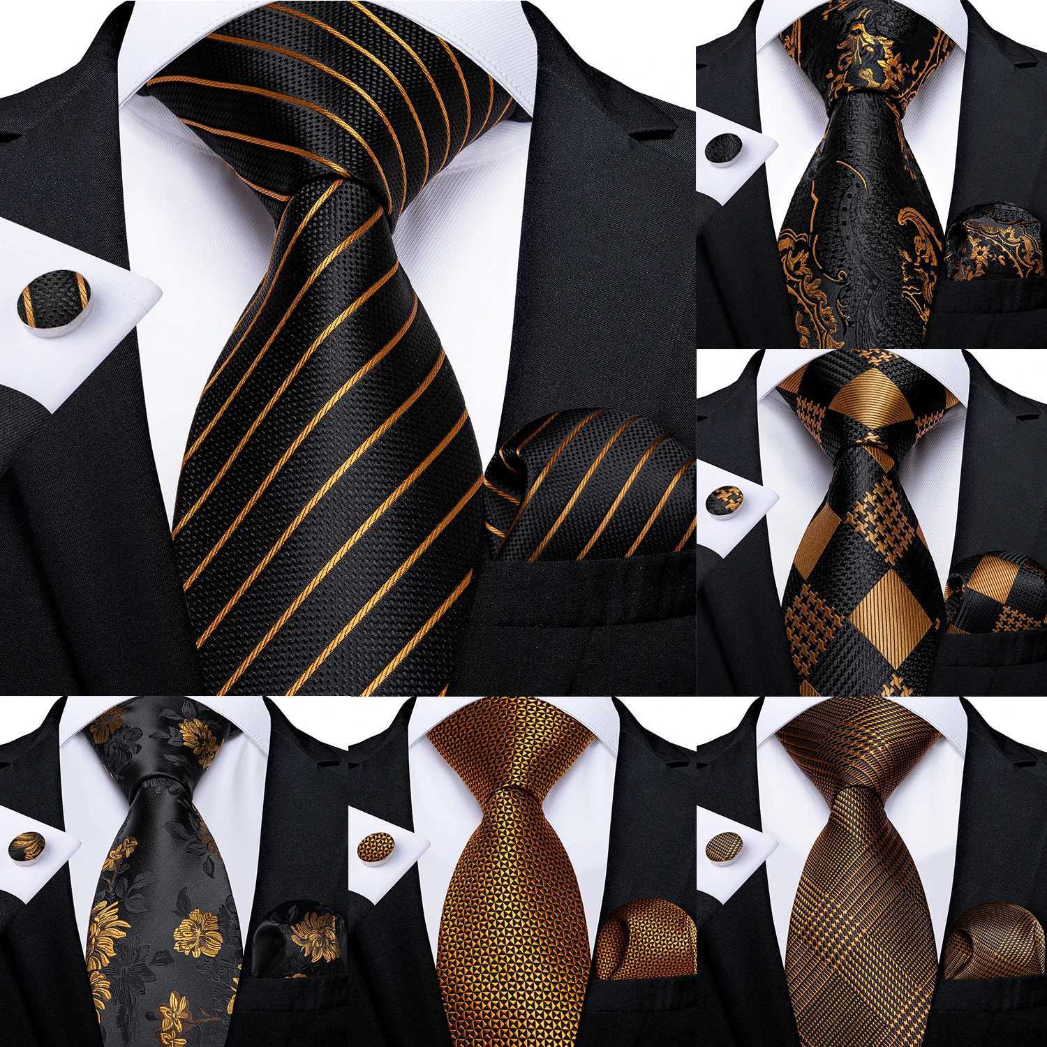 Fashion Men Tie Luxury Gold Blue Black Striped Paisley Silk Wedding Tie For Men DiBanGu Designer Hanky Cufflinks Gift Tie Set X250407