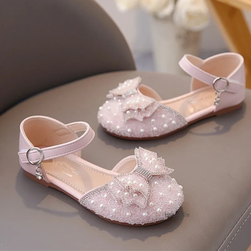 Girls Princess Shoes Spring And Summer Sandals White Flat Dress Shoes Pearl Decoration For Kids And Teens 250408