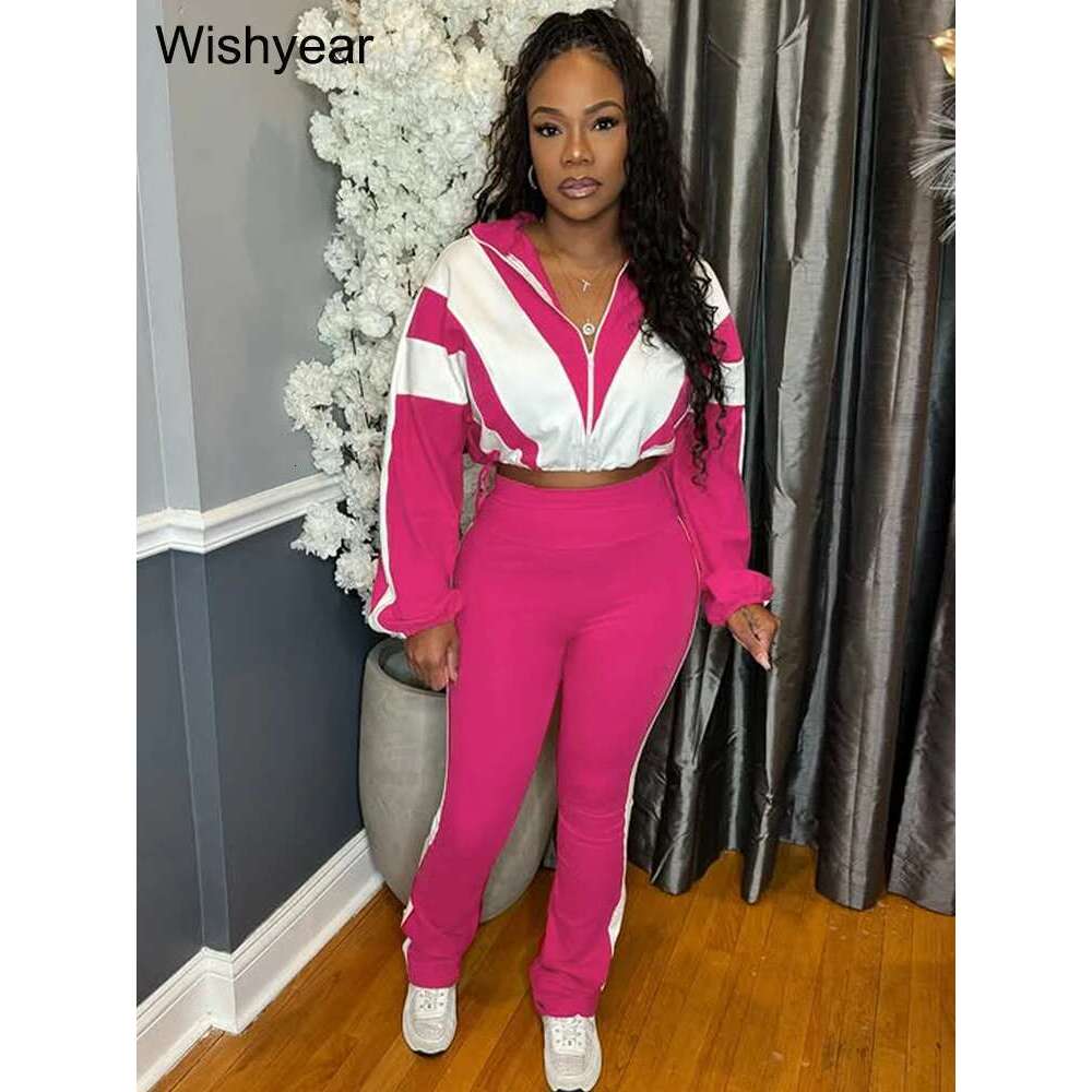 Fashion Patchwork Long Sleeve Zipper Crop Jacket And Skinny Pencil Pants Two Piece Set Woman Tracksuit Jogger Sports Outfits