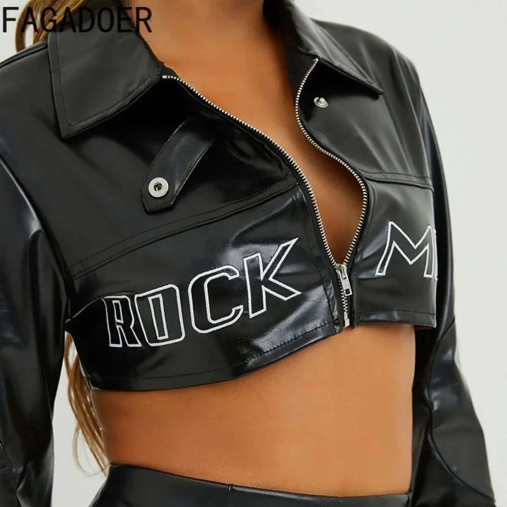 FAGADOER Y2k Punk Gothic Leather Jacket Women Cropped Lapel Letter Embroidery Moto Jackets Coat Short Female Streetwear New