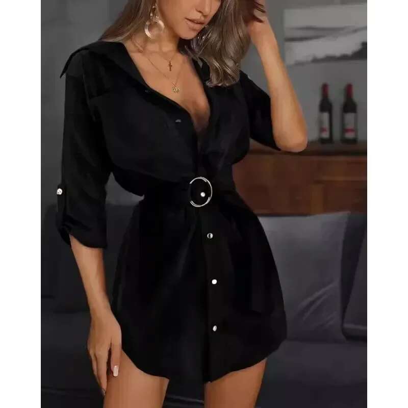 New European And American Lace Cardigan Solid Color Rolled Up Sleeve Shirt Dress Versatile Yet Fashionable