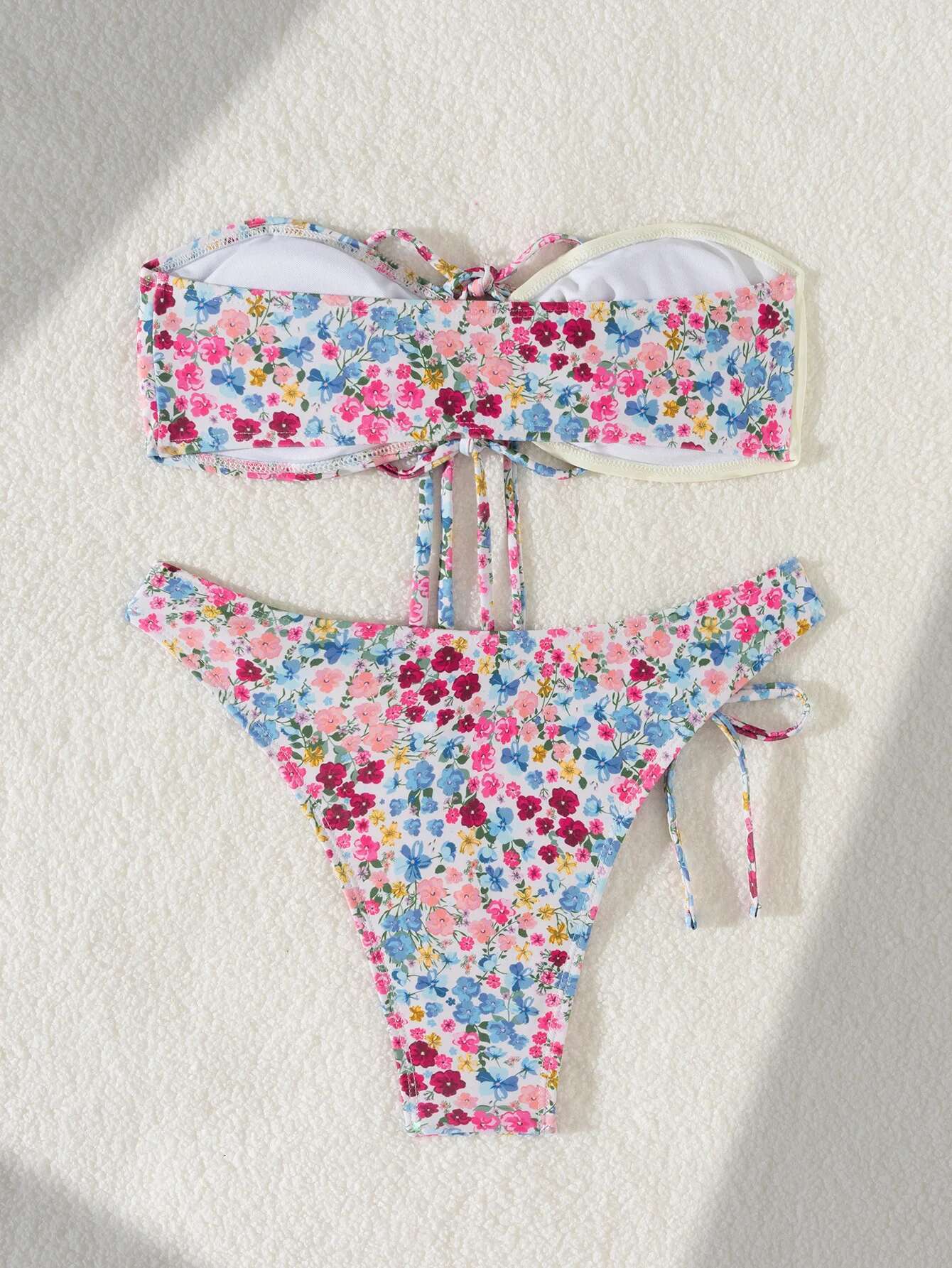 Dongdumaoyi Sexy Bandeau Bikini Women Pink Floral Print Patchwork Front Bow Push Up Micro Swimsuit Beach Bathing Suit Thong Swimwear
