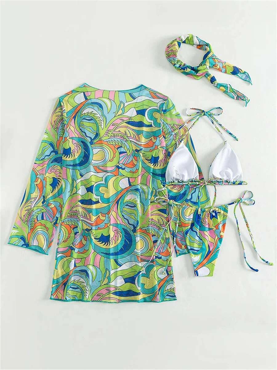 Dongdumaoyi Vintage Green Leaves Print Piece Bikini Set Women Long Sleeve Cover Up Swimsuit Sexy Push Bathing Suit Thong Swimwear