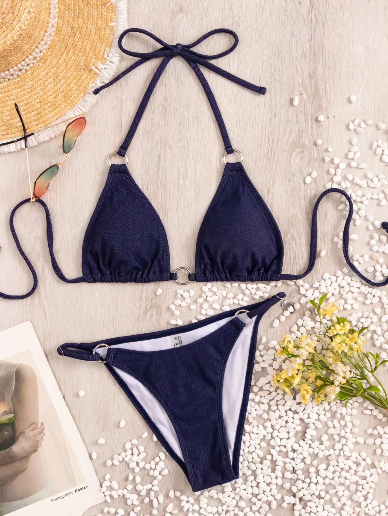 Dongdumaoyi Sexy Blue Cowboy Bikini Set Women Halter Metal Ring Linked Push Up Micro Swimsuit Beach Bathing Suit Thong Swimwear Biquini