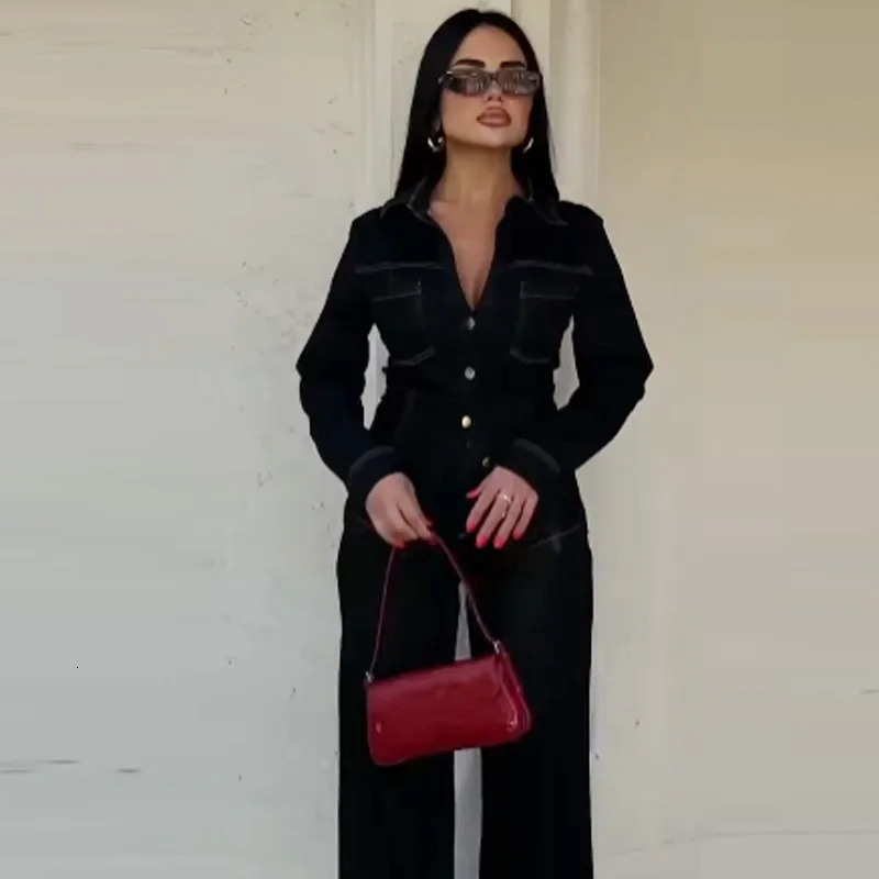 HXAO Black Denim Pant Sets Womens Two Pieces Set Slim Long Sleeve Shirt 2 Piece Sets Woman Outfit High Waist Flare Trousers Set 251105