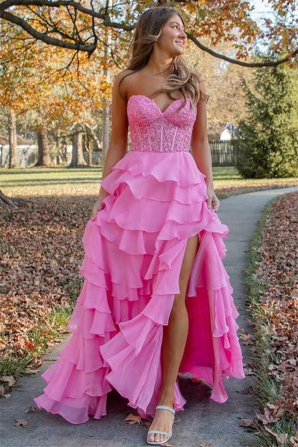 Long Prom Dresses Elegant Tiered Split Lace V-Neck Lace-up A-Line Plus Size Formal Occasion Evening Party Gown Pd13