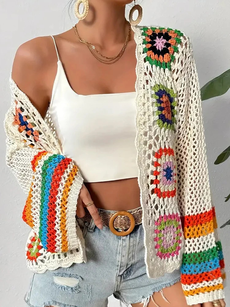 EVNISI Women Vintage Boho Long Sleeves Cardigan Chic Floral Hollow Knitted Shirt Casual Beach Vacation Women Cardigan Coat 250408