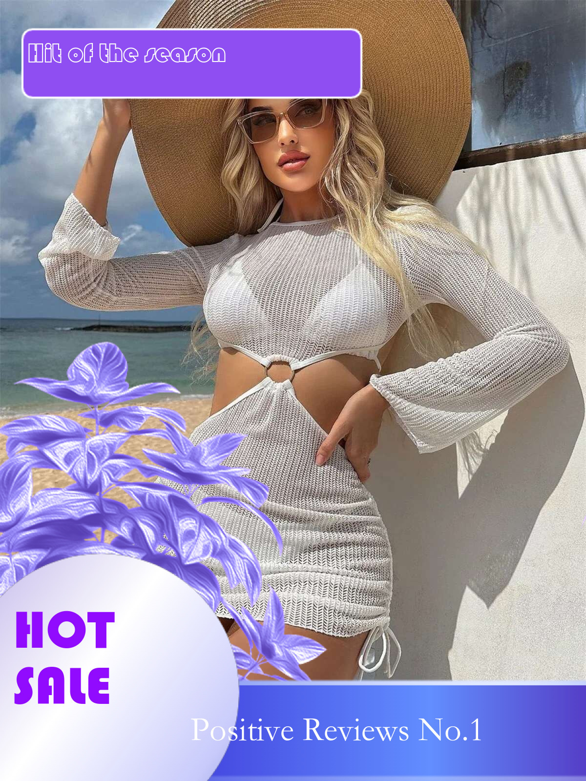 Dongdumaoyi Pieces Hand Crochet Bikini Set Women Black White Cut Out Long Sleeve Cover Up Swimsuit Beach Bathing Suit Thong Swimwear