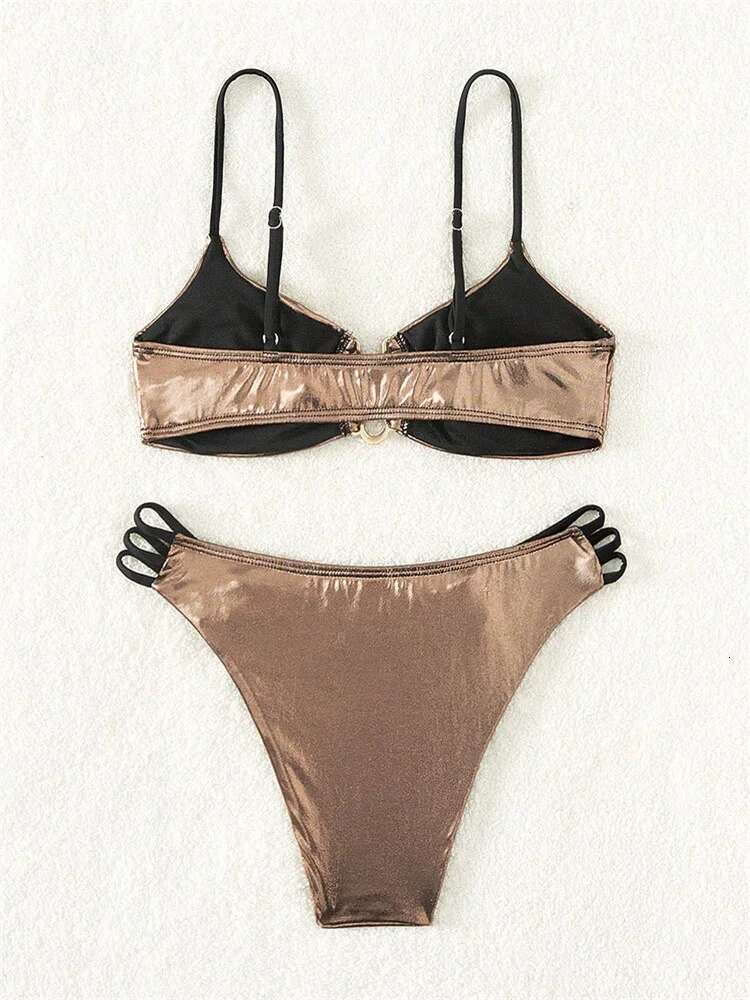 Dongdumaoyi Sexy U Wire Gold Swimsuit Women PU Leather Bikini Push Up Swimwear Beach Bathing Suit Cut Out Bandage Biquini