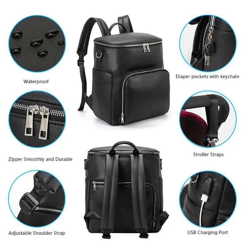 PU Leather Diaper Bag Large Capacity Travel Carry Bag Maternity Bag Stroller Organizer Nappy Changing Bags Diaper pad 250407