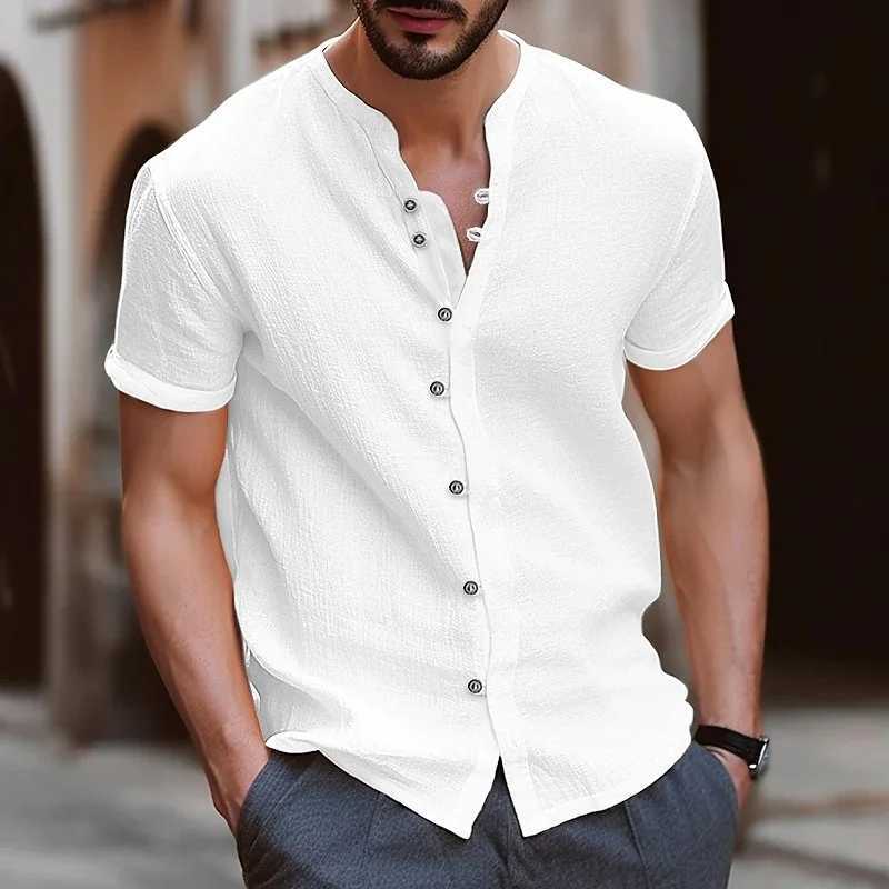 2024 new mens short sleeved T-shirt V-neck button cotton linen shirt mens casual clothing popular mens topXJ250407