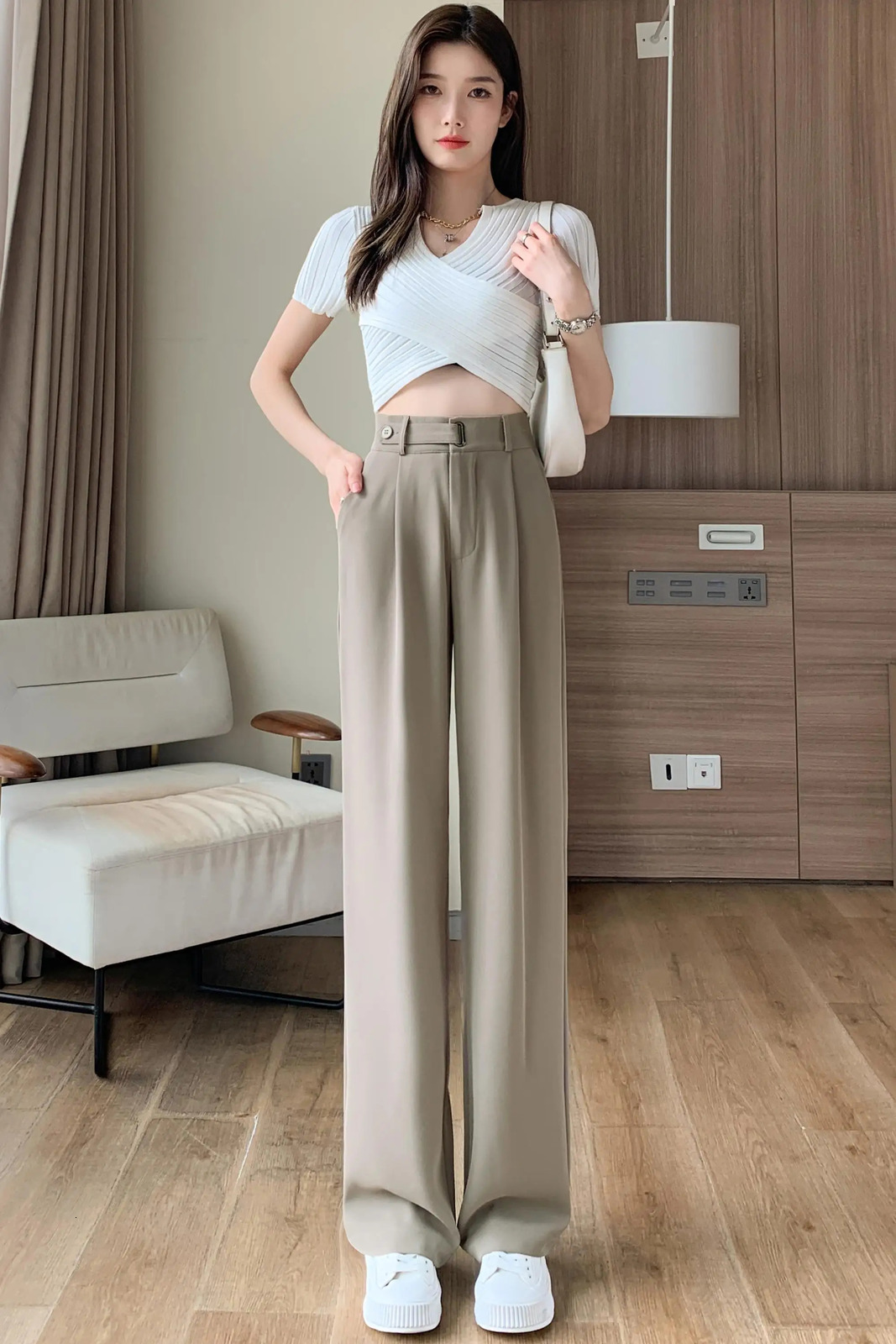 High Waist Set Wide Leg Womens Full Pants Button Spring/Summer Womens Elegant Minimalist Straight Loose Trouser 250402