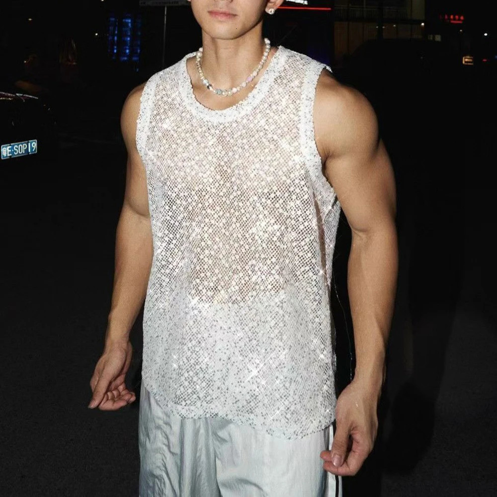 Mens vest mesh sequins sexy nightclub tank top summer fashion hollow stage performance sleeveless top mens clothing style 250402