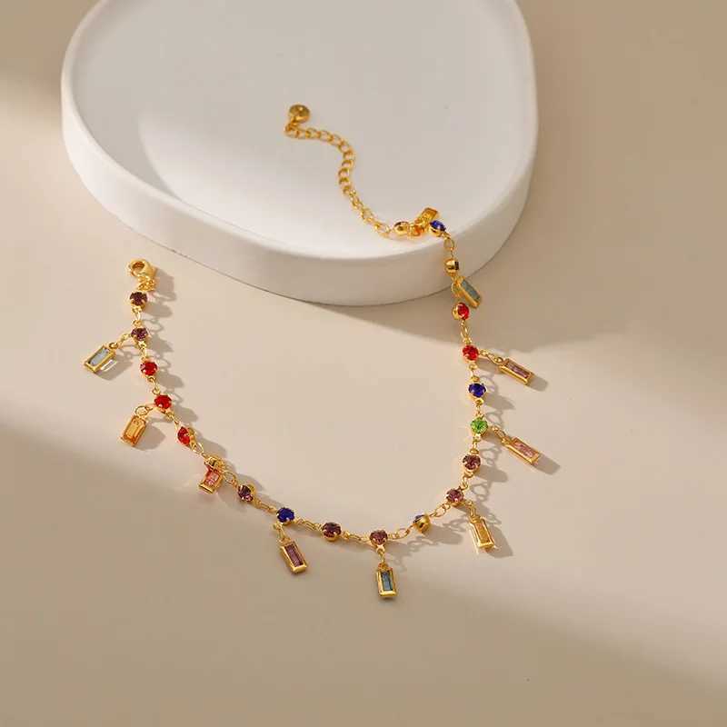 Vintage 18k Gold Plated Anklets With Long Strip Colored Crystal Pendant Exquisite Bohemian Style Women Jewelry Accessories Z250408