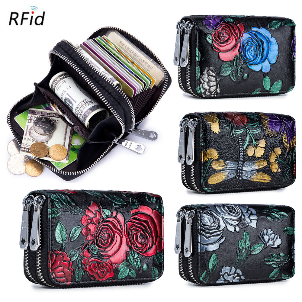 Floral Print Genuine Leather RFID Blocking Wallet for Women Double Zipper Accordion Style Card Holder Wallet