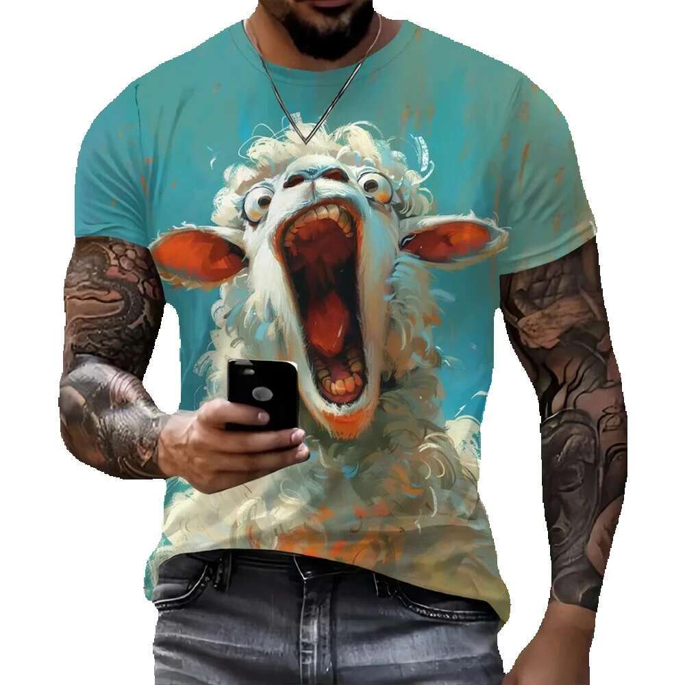 New interesting 3D goat print men's street fashion hip-hop clothing casual round neck short sleeved T-shirt fashionable summer top loose