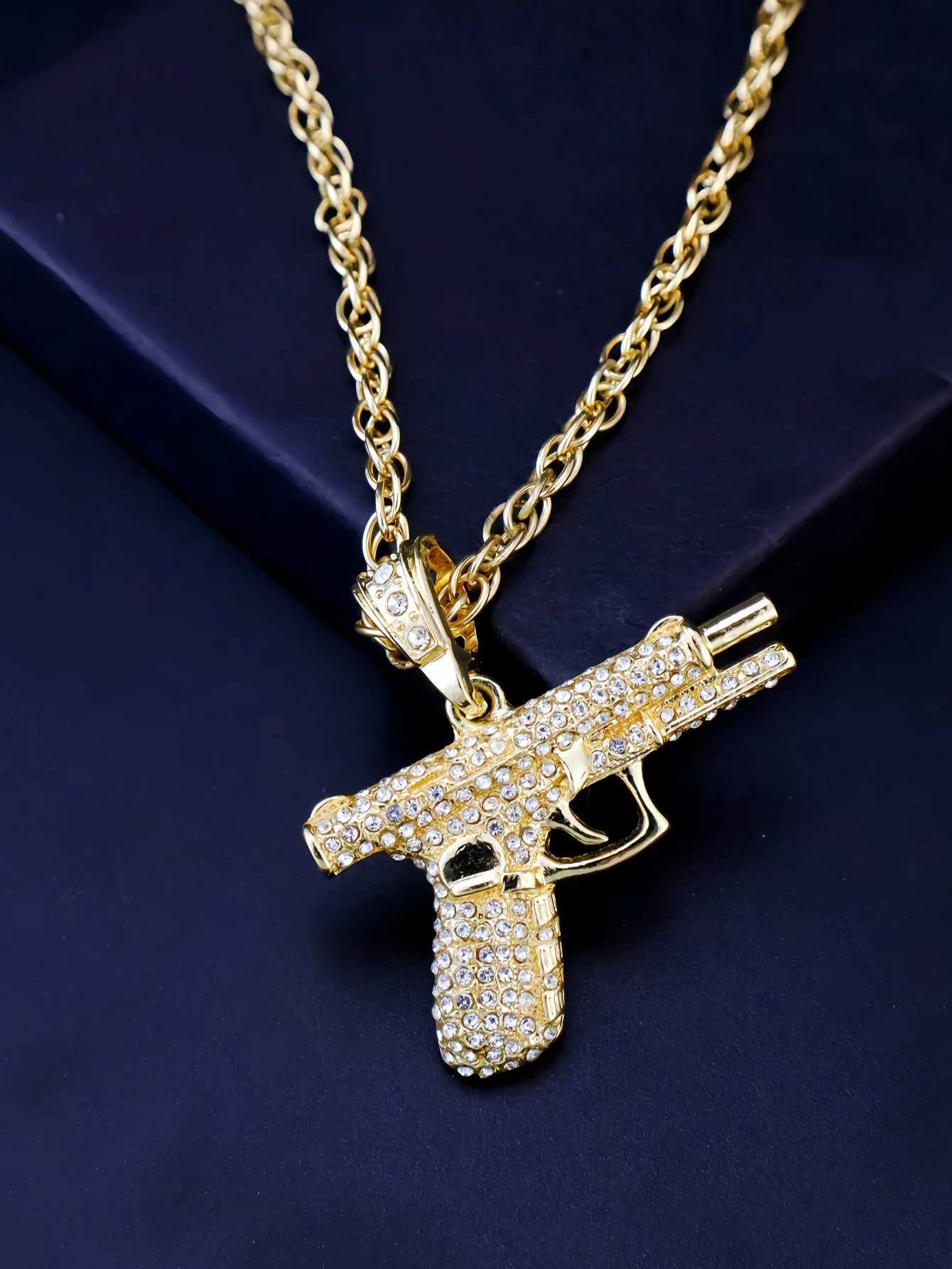 Men Rhinestone Gun Charm NecklaceC250407
