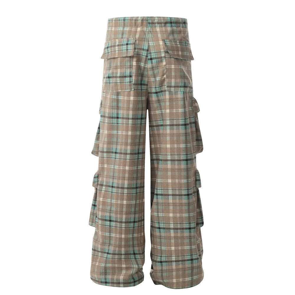 Pleated Plaid Cargo Pants Mens Pocket Hip Hop Streetwear Drawstring Elastic Waist Wide Leg Trousers Men
