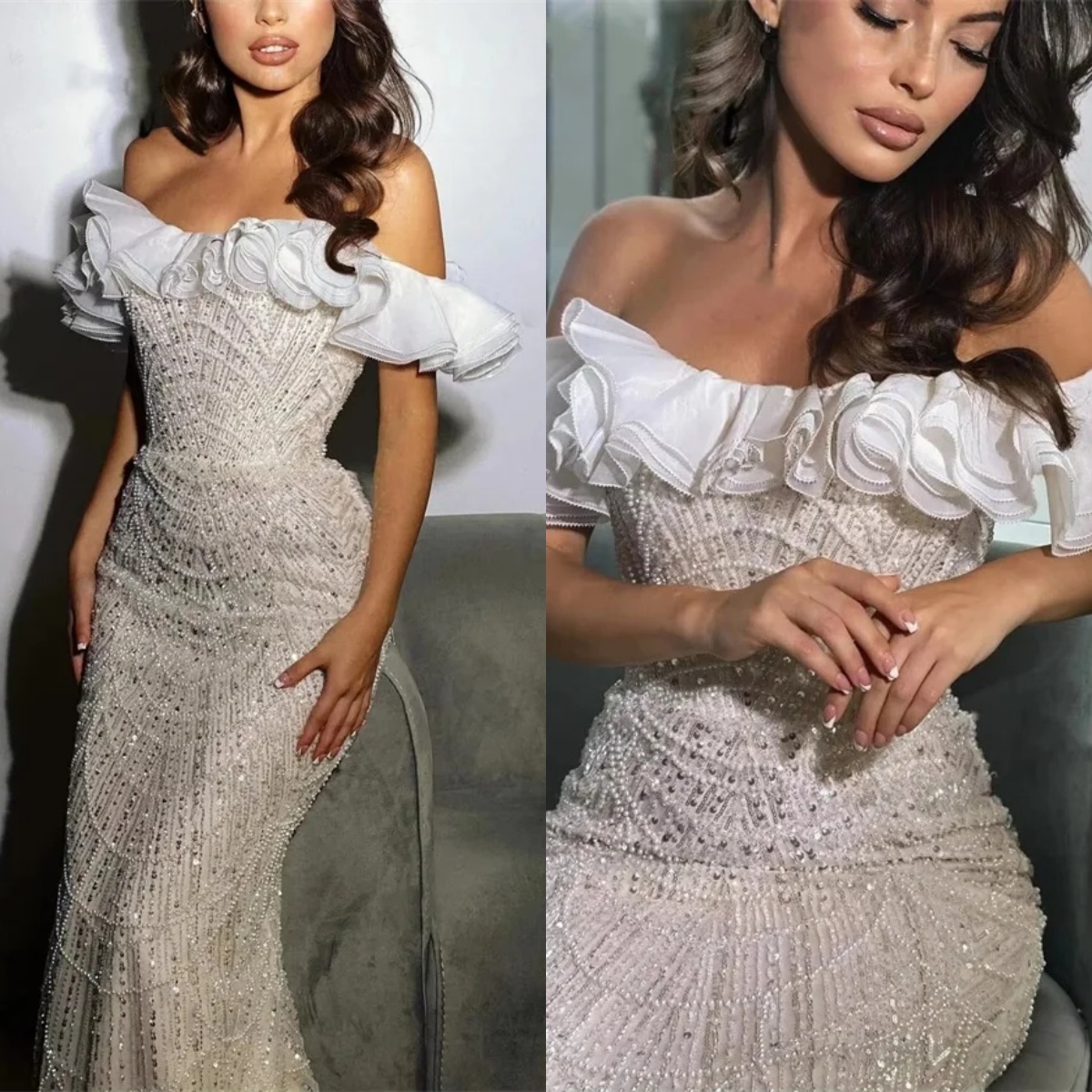Elegant Mermaid Evening Dresses Off Shoulder Sleeveless Gown Ruffles Sequins Beaded Sweep Train Dress Party Customized Dress