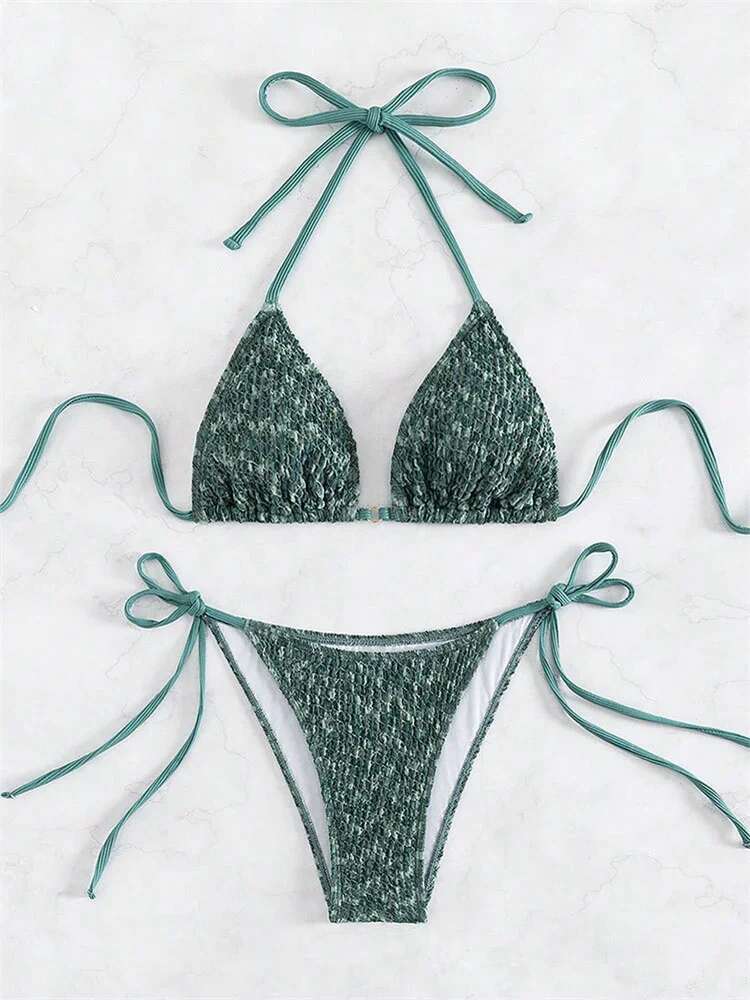 Dongdumaoyi Sexy Green Piece Bikinis Sets Women Halter Metal Stap Push Up Swimsuit Summer Lace Beach Bathing Suit Thong Swimwear