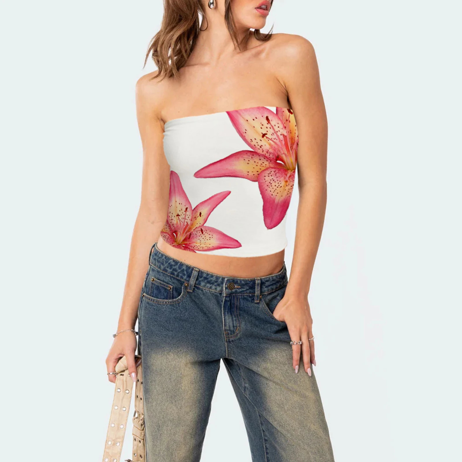 Women Strapless Tank Top Camis Womens Lily Print Slim Tube Tops Flower Pattern Bandeau Show Navel Shirt Streetwear 250407