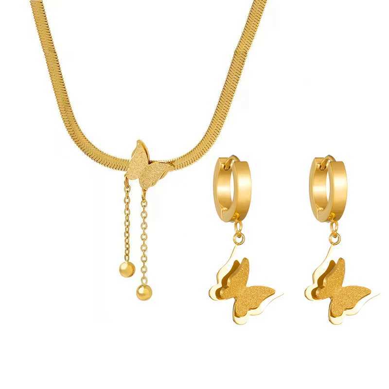 316L Stainless Steel Gold-plated Frosted Butterfly Pendant Snake Bone Chain Tassel Necklace Earring Jewelry Set Y250408