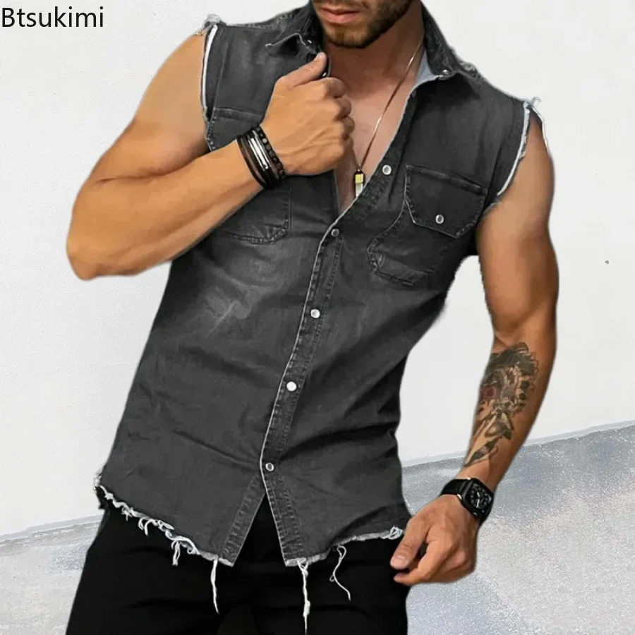 mens summer denim vest with lapel pockets sleeveless hiphop jeans jacket muscular top 250407