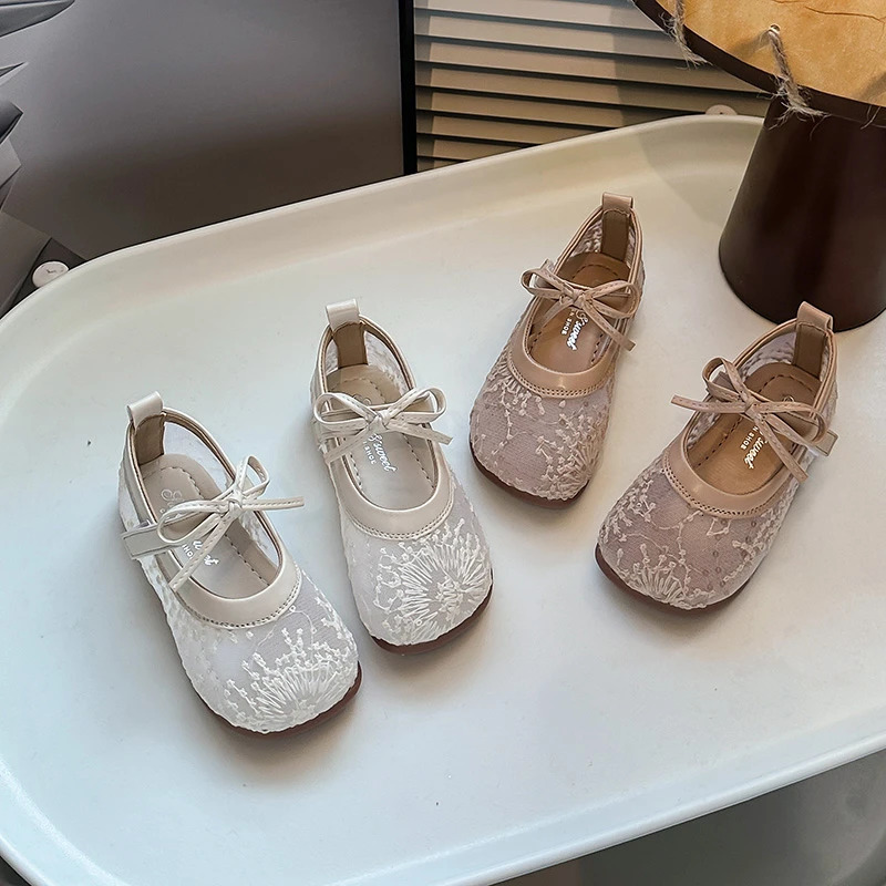 Summer Girls Sandals Net Fabric Beathable Embroidery Kids Princess Shoes Pink Beige Cover Toe Leisure Stylish Children Shoe 250407