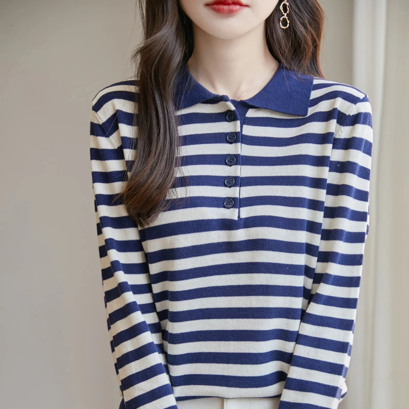 Fashion Lapel Button Spliced Striped Polo Shirts Female Clothing Autumn Winter Loose Korean Tops Casual Tee Shirt 250408