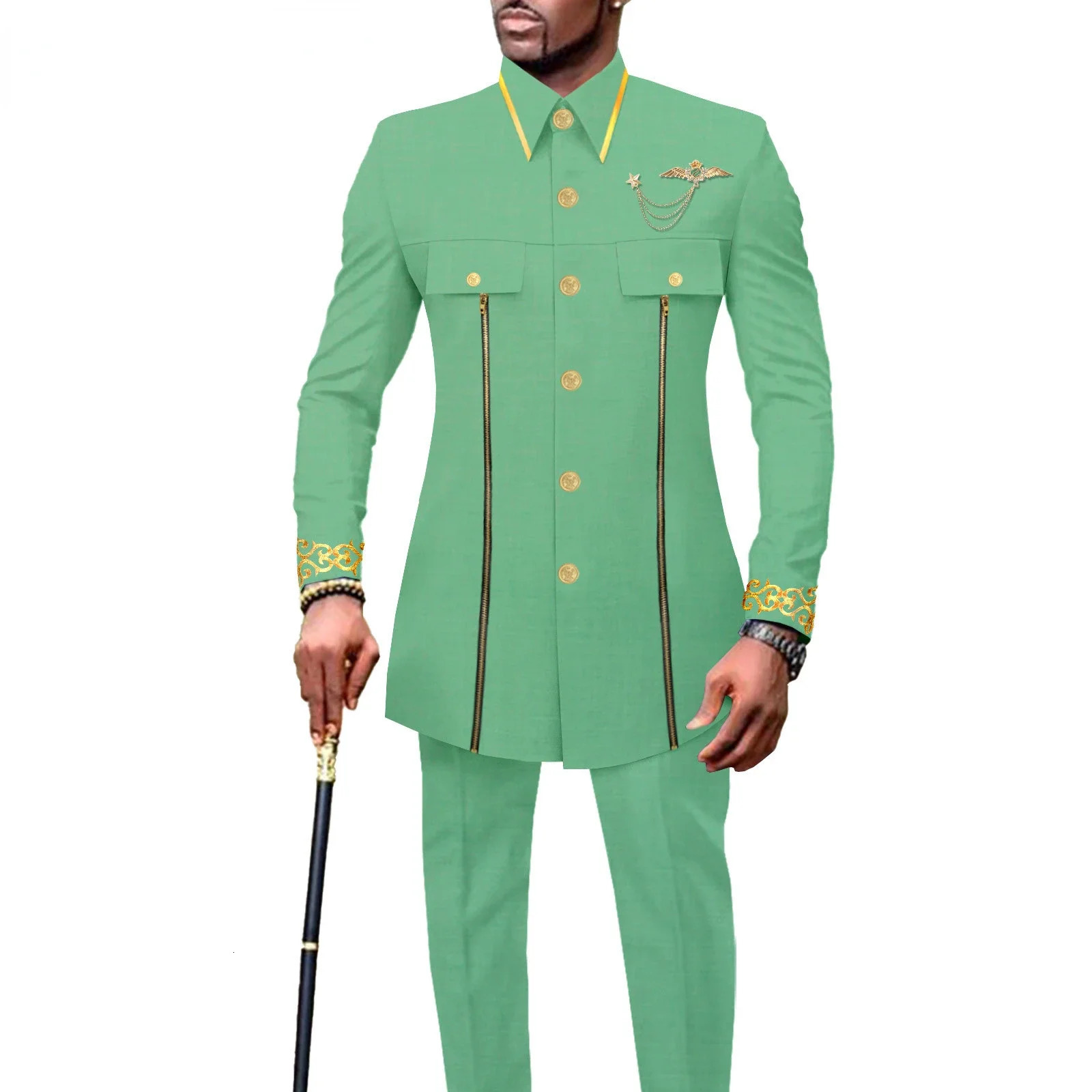 fashion casual African ethnic pure color cotton mens embroidered jacketpants 2 sets of fun suit 250408