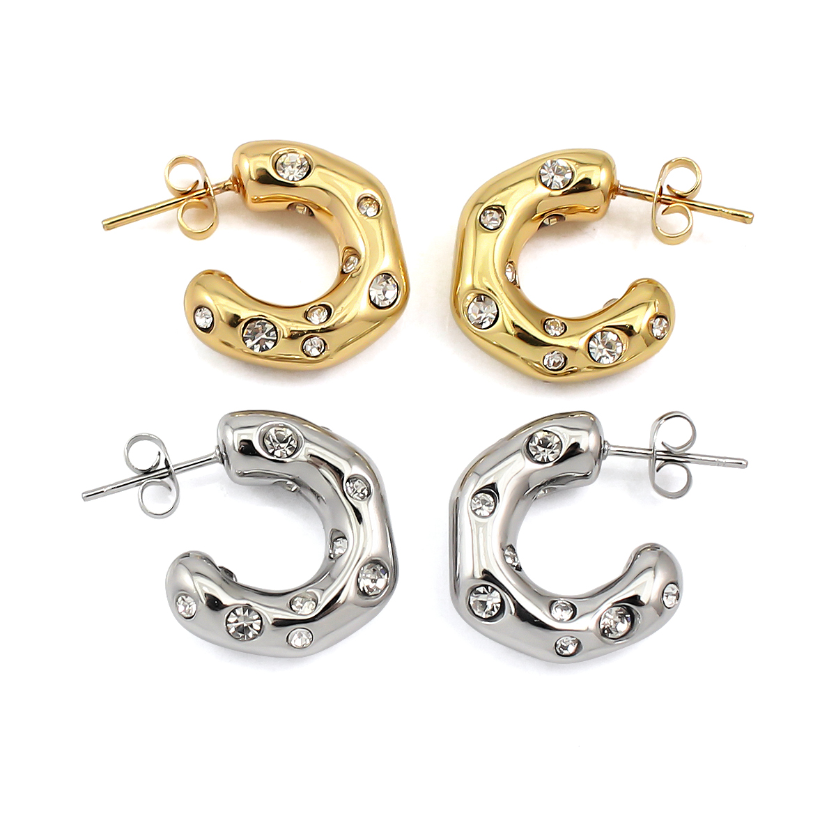 Classic 18K Wedding Stainless Steel Rhinestone Crystal Irregular Geometric C Shape Stud Earrings Zircon Earring for Women
