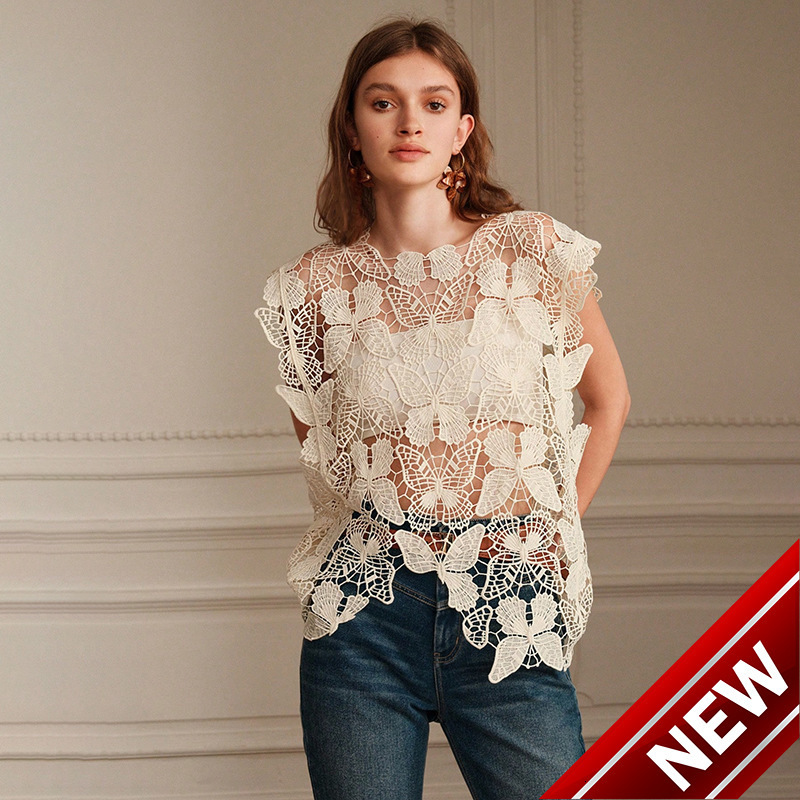 Summer new hollowed out vest handmade knitted lace embroidery simple loose top dress