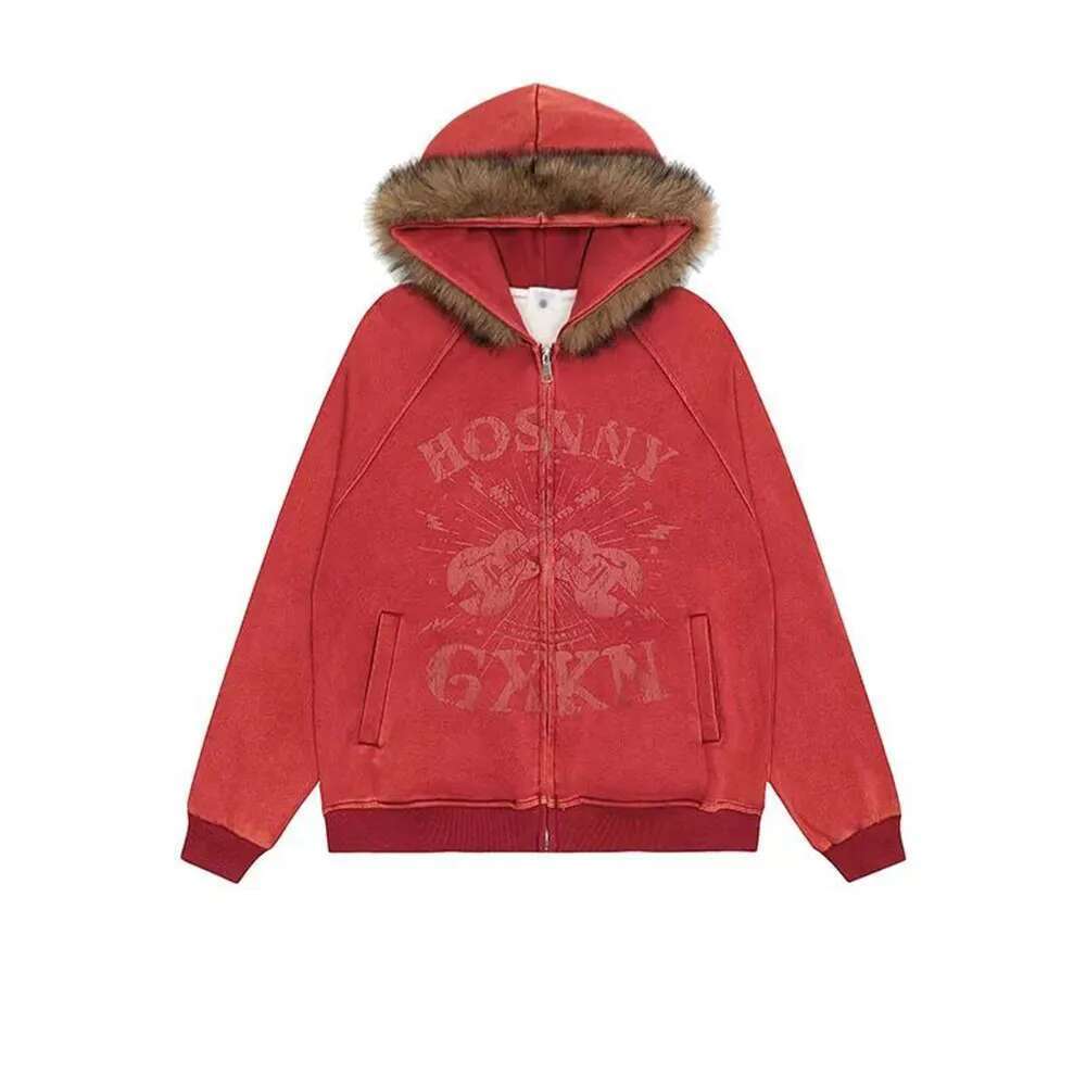 Print Hooded Jacket Mens Autumn Washed Distressed Rock High Street Loose Long Sleeve Zipper Fly Outerwear Men