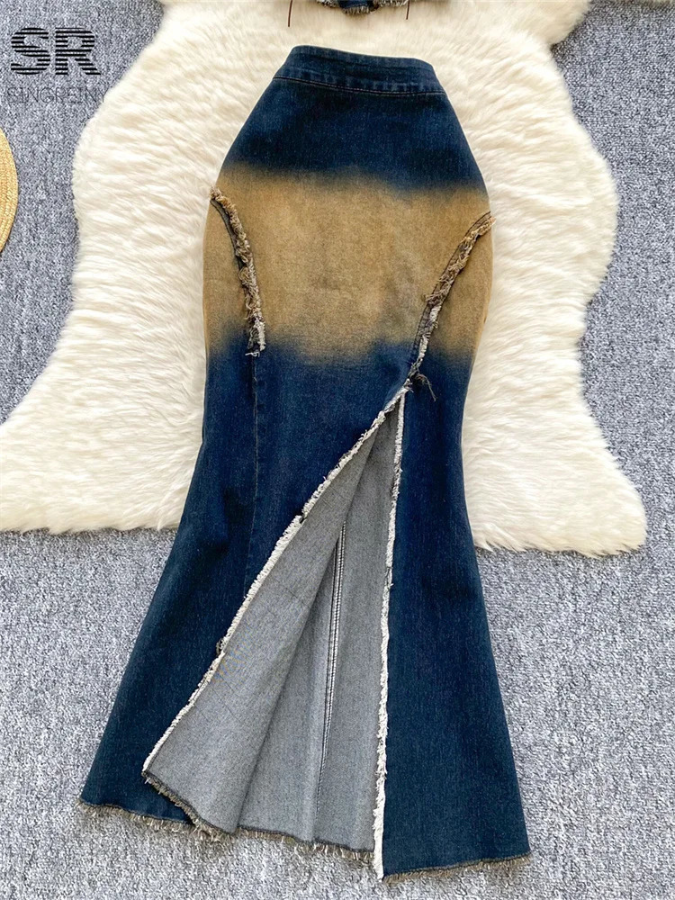 SINGREINY Gradient 2pcs Suit Ladies Lace Up Ruched Halter TopsSplit Zipper Skirt Women Fashion High Quality Sexy Denim Sets 250408