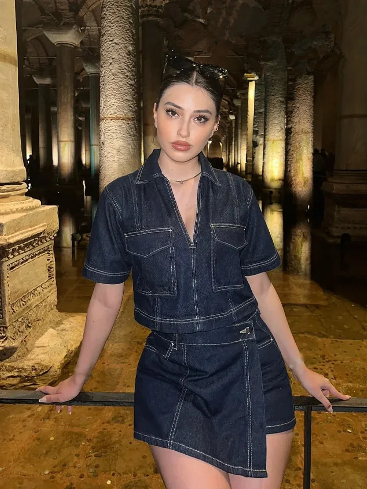 Fashion Flip Pocket Decoration Short Flip Collar Slim Fit Denim Top Asymmetric Denim Mini Skirt 2 Piece Set Outfits 250408