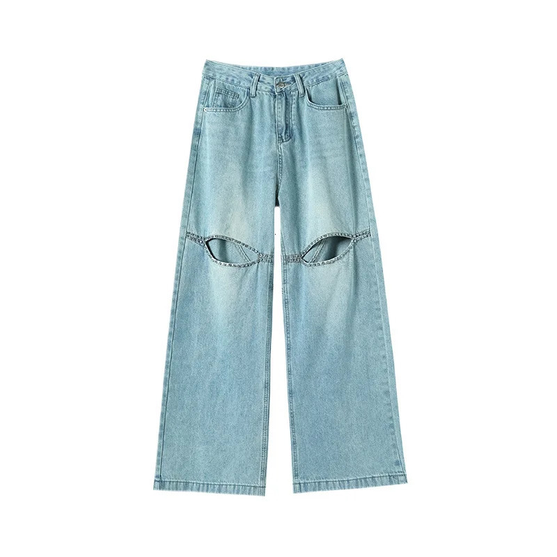 Diamond hollow wide leg jeans womens pants spring and summer high waisted loose thin drawstring straight 250407
