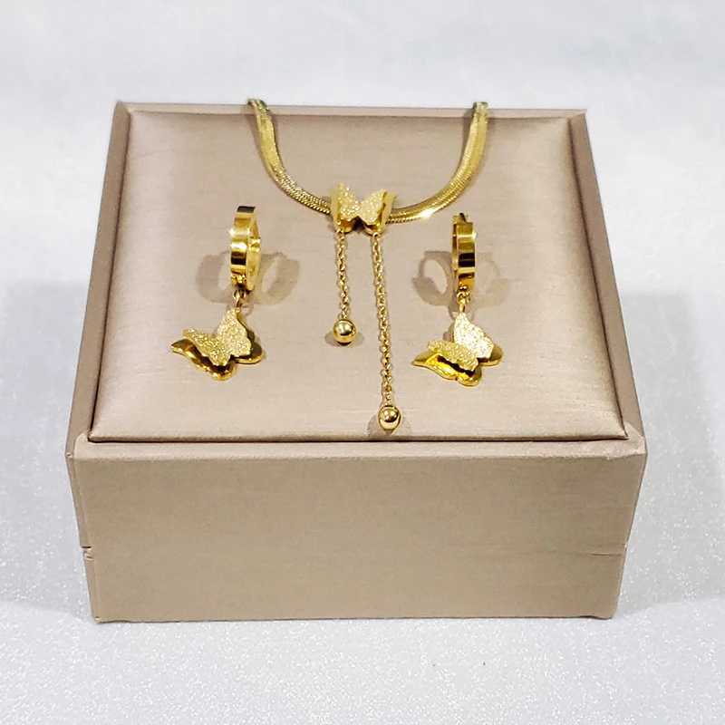 316L Stainless Steel Gold-plated Frosted Butterfly Pendant Snake Bone Chain Tassel Necklace Earring Jewelry Set Y250408