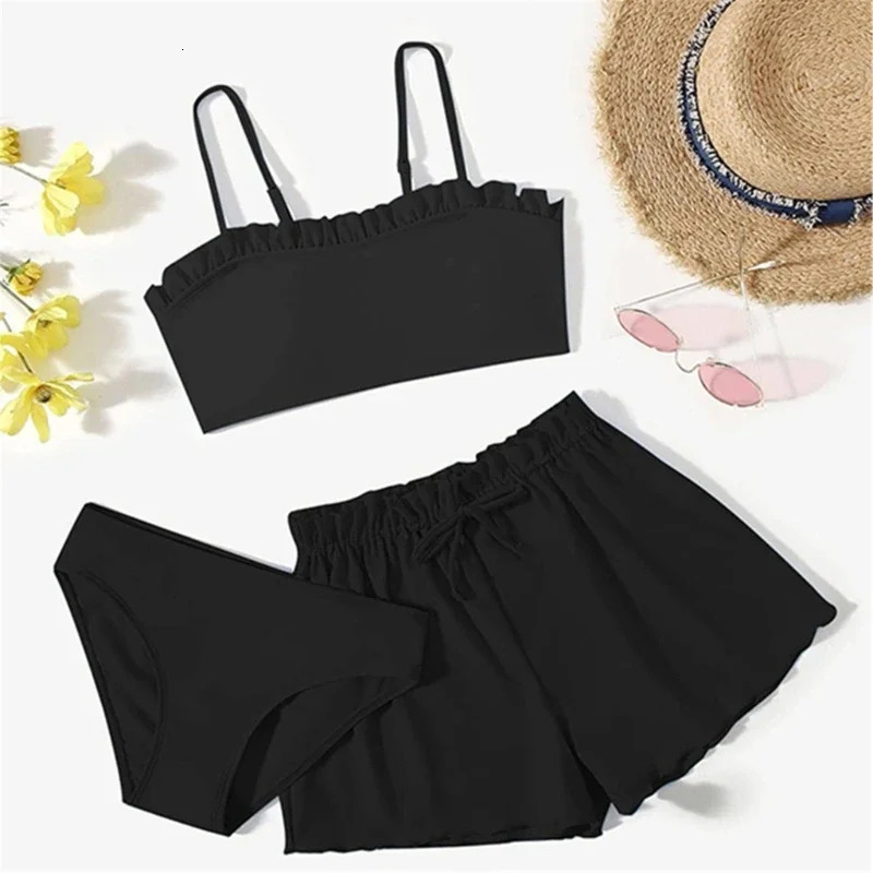 3Pcs Girls Swimming Costume with Beach Short Two Pieces Bathing Suit Ruffled Bikinis Swimsuit for Girl 3-12 250407