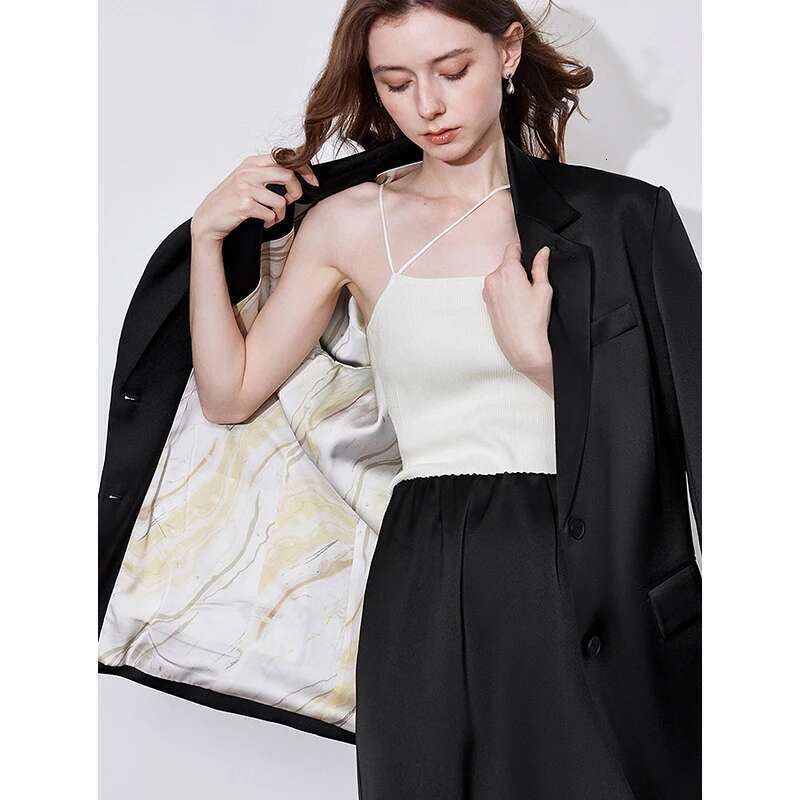TOYOUTH Women Blazer Jacket 2025 Spring New Split Notched Shawl Satin High End OL Workwear Suit Jackcet Black