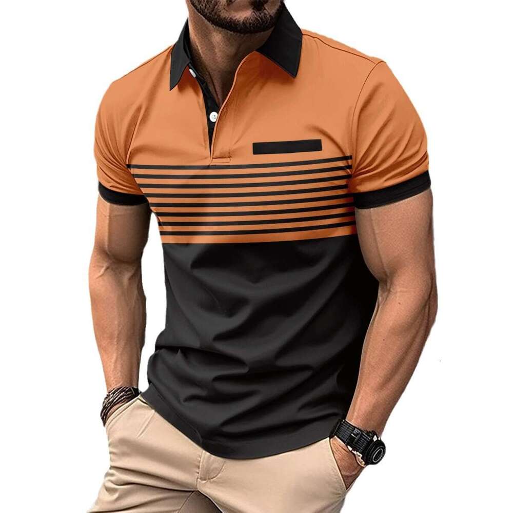 New men's casual polo shirt with chest pocket, V-neck button, striped color blocked T-shirt, 2025 temperament versatile new trendy clothing ins