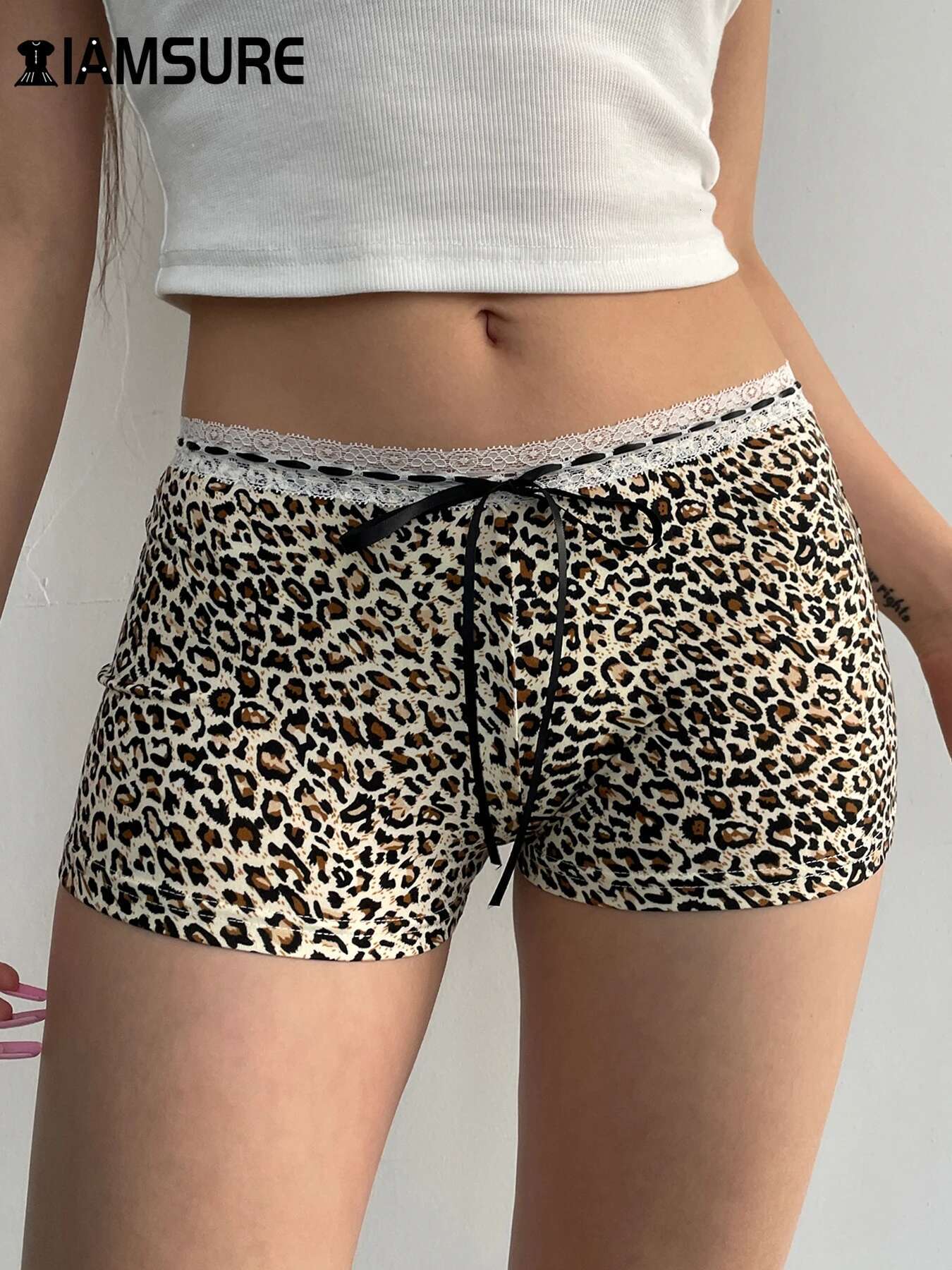 IAMSURE Sexy Slim Leopard Printed Lace Trim Casual Bandage Low-Waisted Shorts Women 2024 Summer Fashion Streetwear Ladies