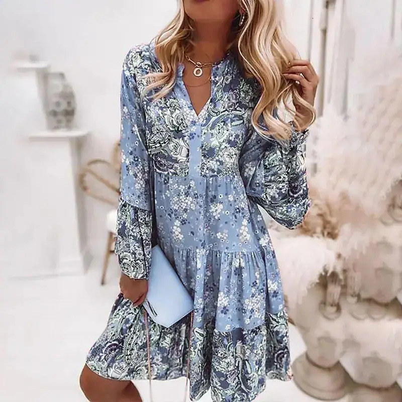 Casual Flower Printed Womens Rotating Summer Bohemian V-neck Loose A-line Dress Elegant Beach Party Dress Sexy Womens Robe 250401